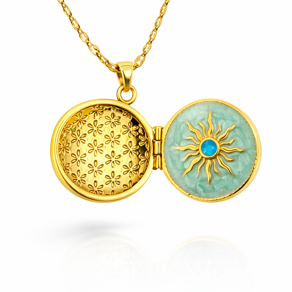 Sun Motif Enamel Gold Locket Pendant Chain
