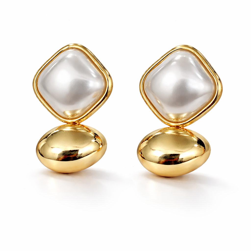Cushion Pearl & Gold Drop Stud Earrings