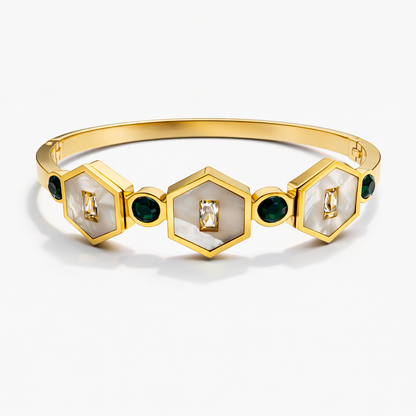 Geometric Mother-of-Pearl Gold Bracelet with Black Onyx Accents