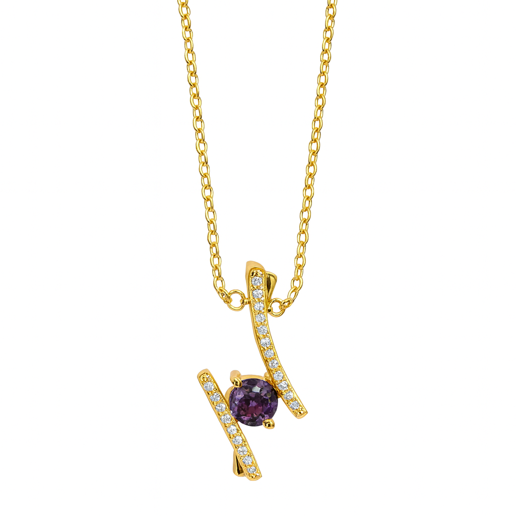 Elegant Purple Stone Pendant Necklace with CZ Bars – Gold Plated