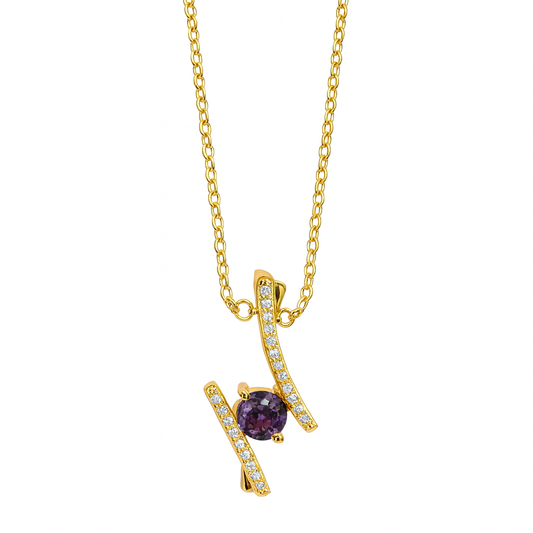 Elegant Purple Stone Pendant Necklace with CZ Bars – Gold Plated