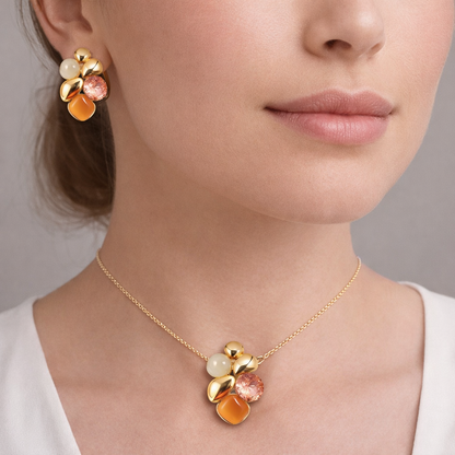 Peach & Gold Multi-Stone Pendant & Earrings Set