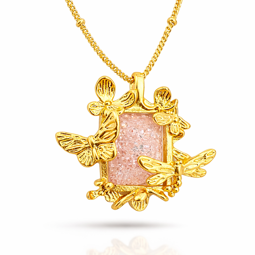 Designer Gold Floral Necklace and Earrings Set with Blush Pink Stone