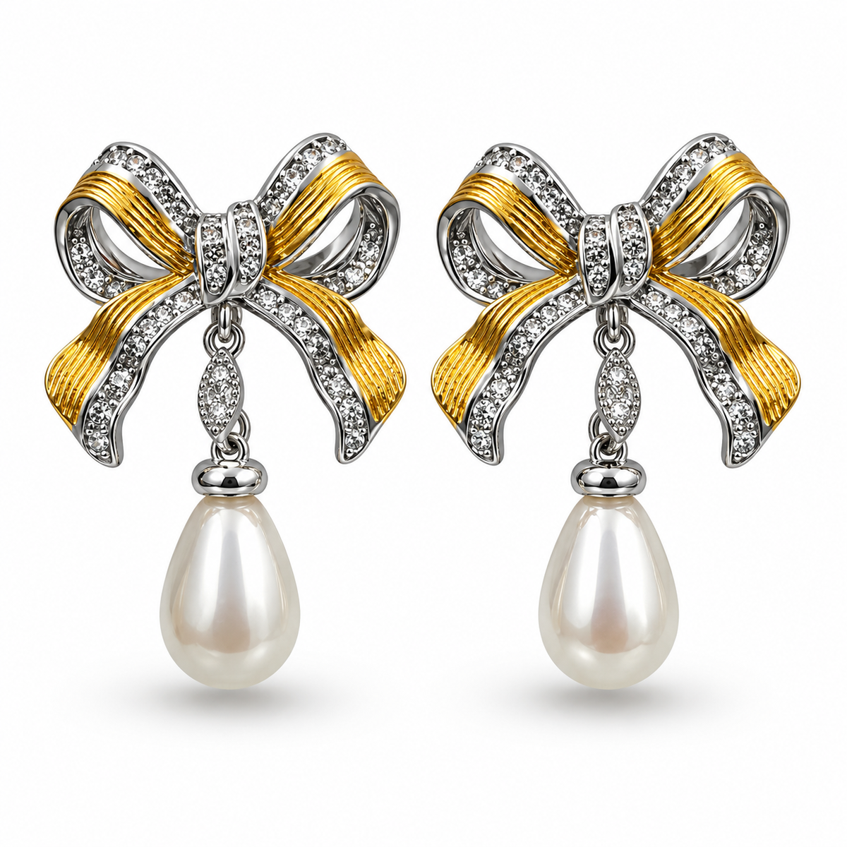 Dual-Tone Bow Pearl-Effect Drop Earrings