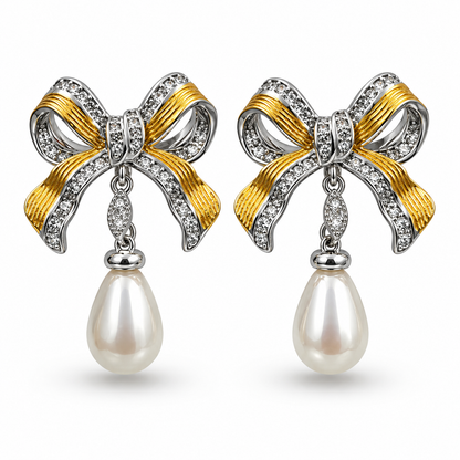 Dual-Tone Bow Pearl-Effect Drop Earrings