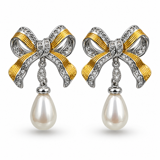 Dual-Tone Bow Pearl-Effect Drop Earrings