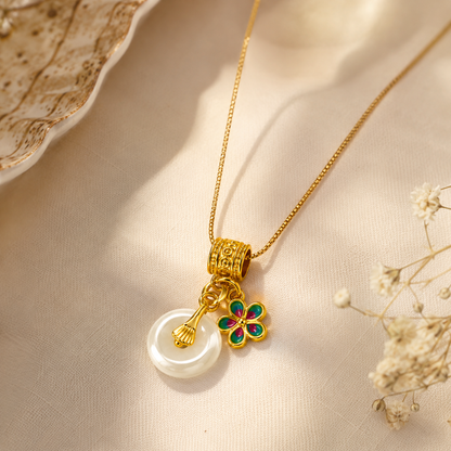 White Jade Donut & Enamel Flower Charm Necklace – Gold Tone