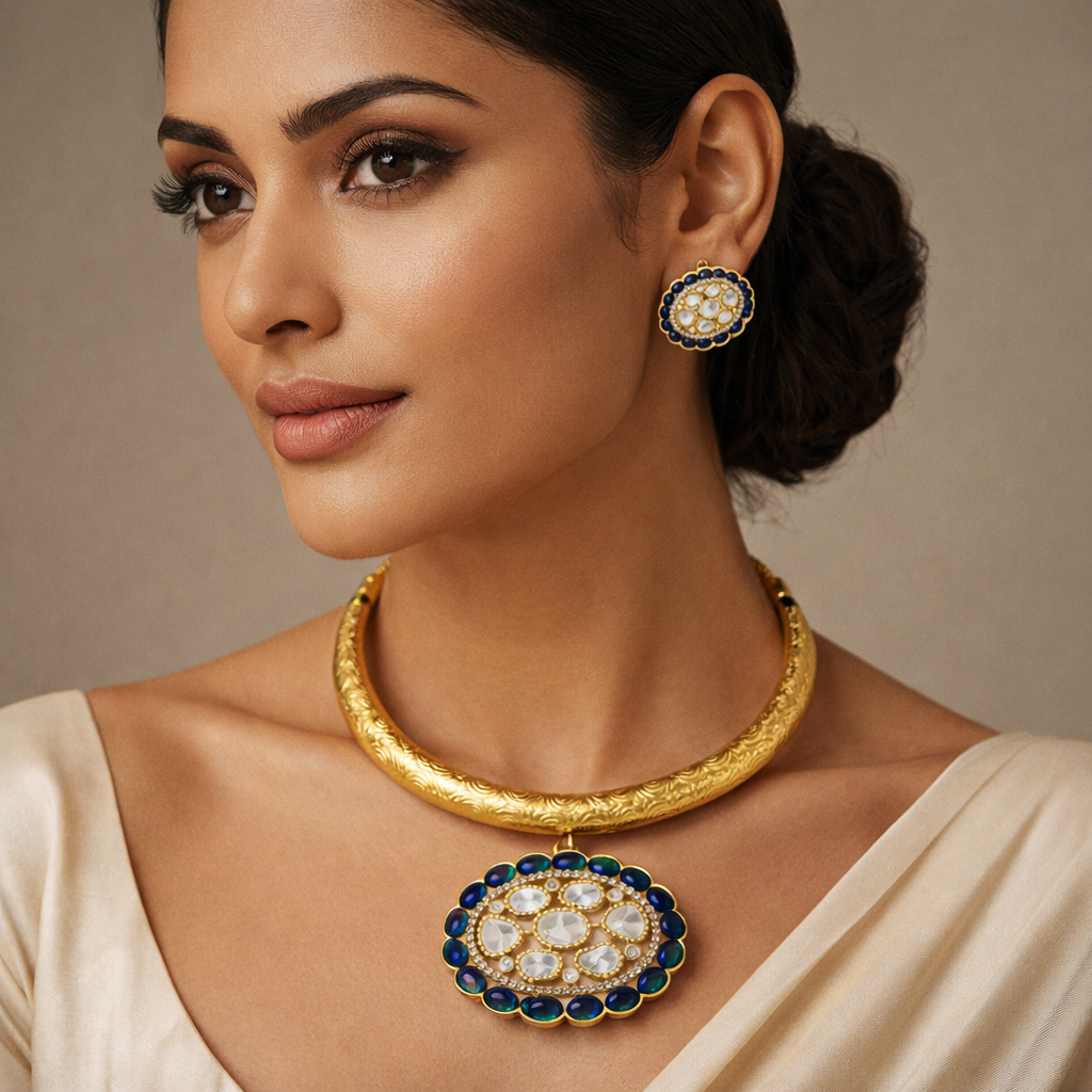 Royal Blue Kundan Collar Imitation Necklace Set