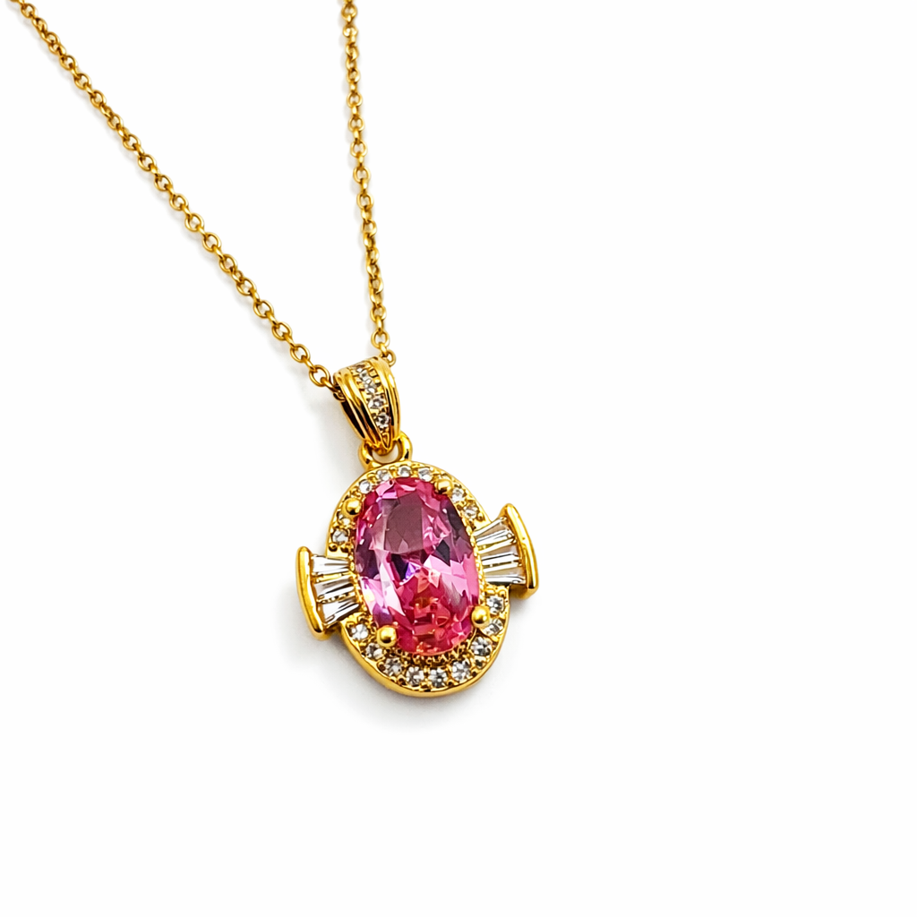 Blush Pink Oval Crystal Halo Chain Pendant