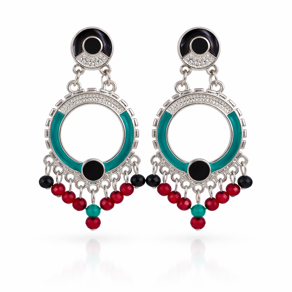Silver-Tone Teal Enamel Open Hoop Earrings with Multi-Colour Crystal Bead Drops