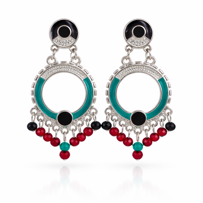 Silver-Tone Teal Enamel Open Hoop Earrings with Multi-Colour Crystal Bead Drops