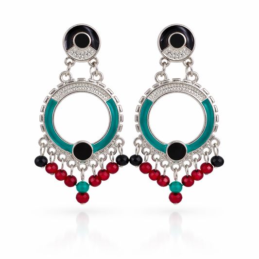 Silver-Tone Teal Enamel Open Hoop Earrings with Multi-Colour Crystal Bead Drops
