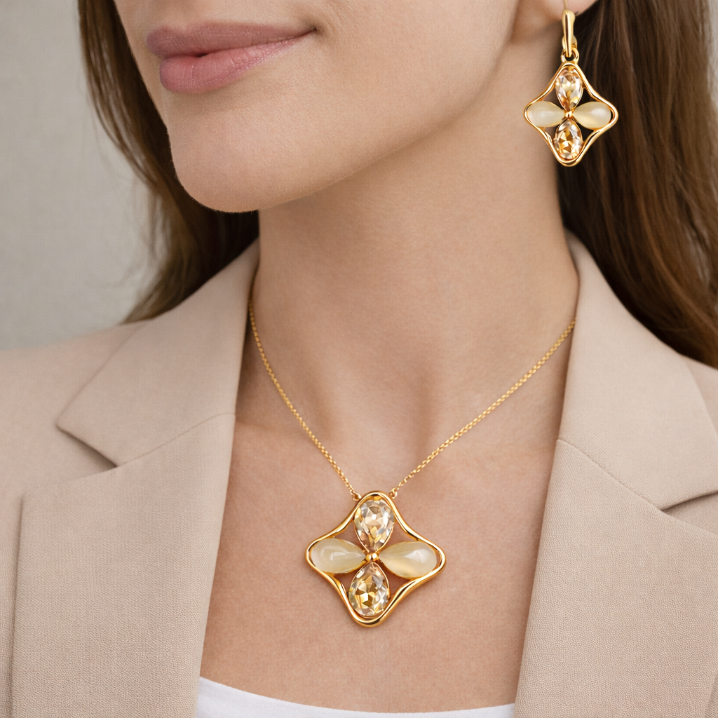 Jinam elegant floral quad-petal pendant and earrings set with delicate gold-tone jewelry featuring flower-shaped designs.