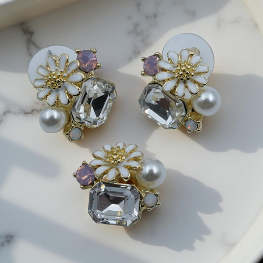 Floral Crystal Cluster Stud Earrings – White Enamel Daisy