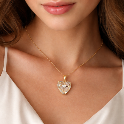 Crystal Heart Pendant Necklace with Gold Cross & CZ Accent