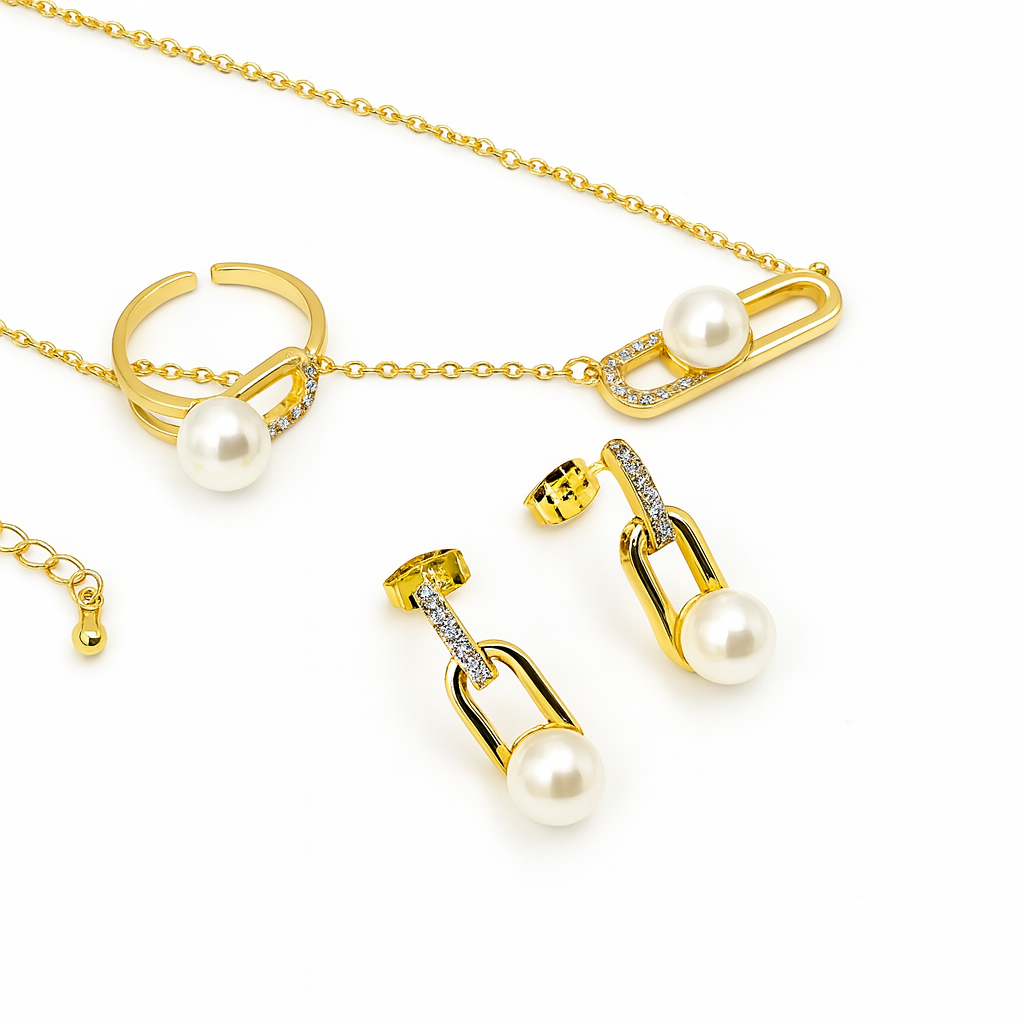 Gold-Plated Pearl Link Jewellery Set for Women (Necklace, Earrings & Ring) | CZ Accents | Anti-Tarnish