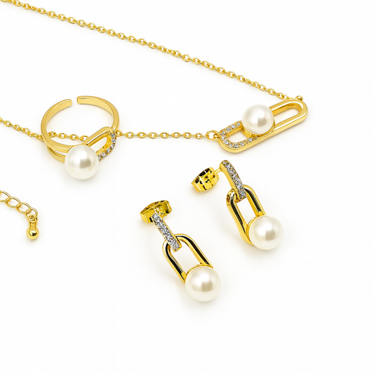 Gold-Plated Pearl Link Jewellery Set for Women (Necklace, Earrings & Ring) | CZ Accents | Anti-Tarnish