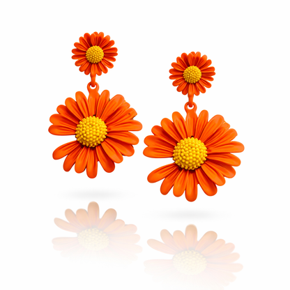 Orange Daisy Floral Drop Earrings by Jinam featuring vibrant flower design and dangling style.