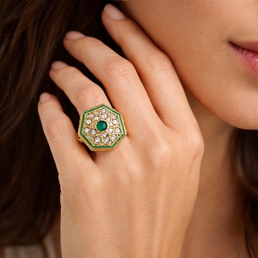 Emerald Hexa Polki Ring in Antique Gold Finish