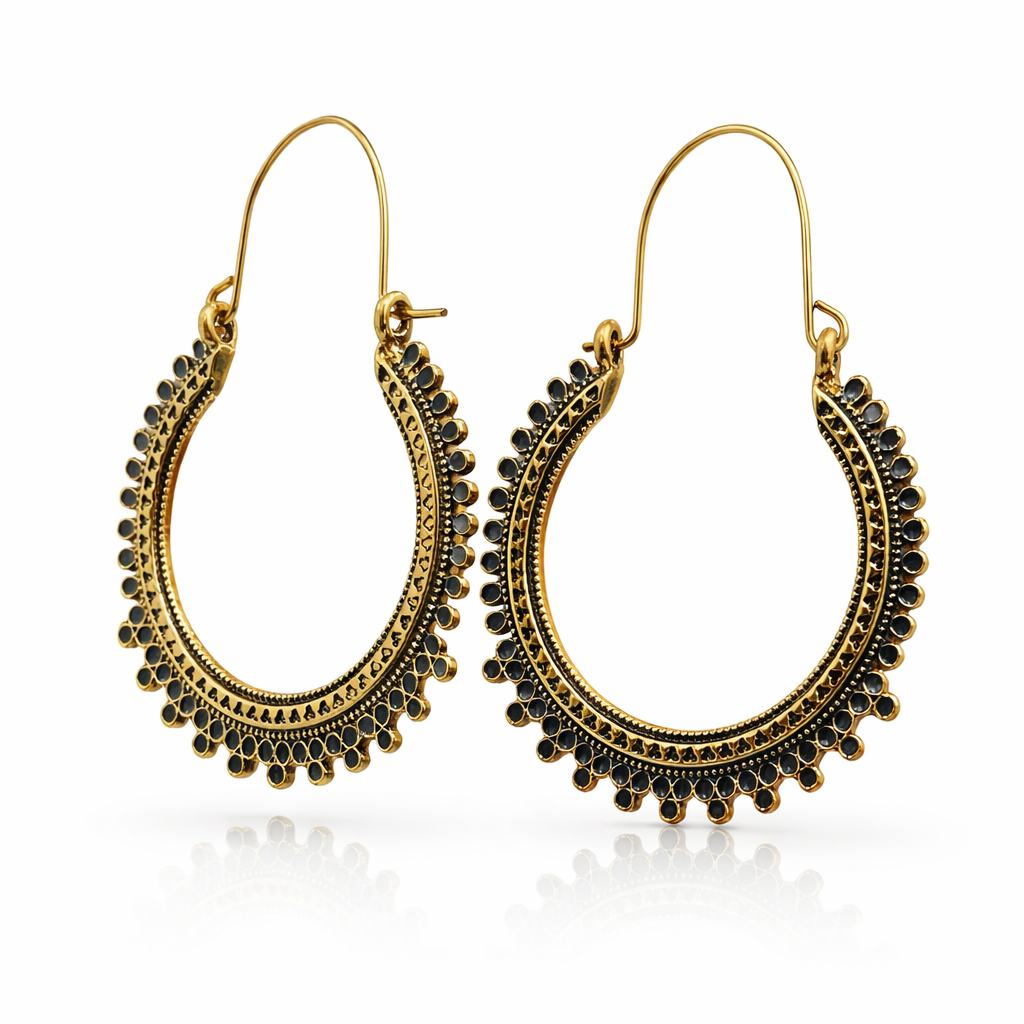 Antique gold-plated hoop earrings with black stone details from Jinam, showcasing elegant circular jewelry design.
