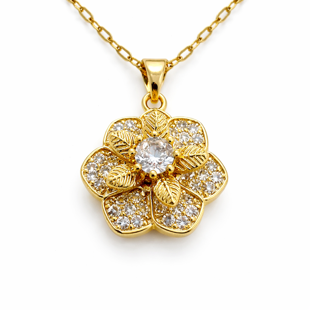 Floral CZ Gold Pendant Chain