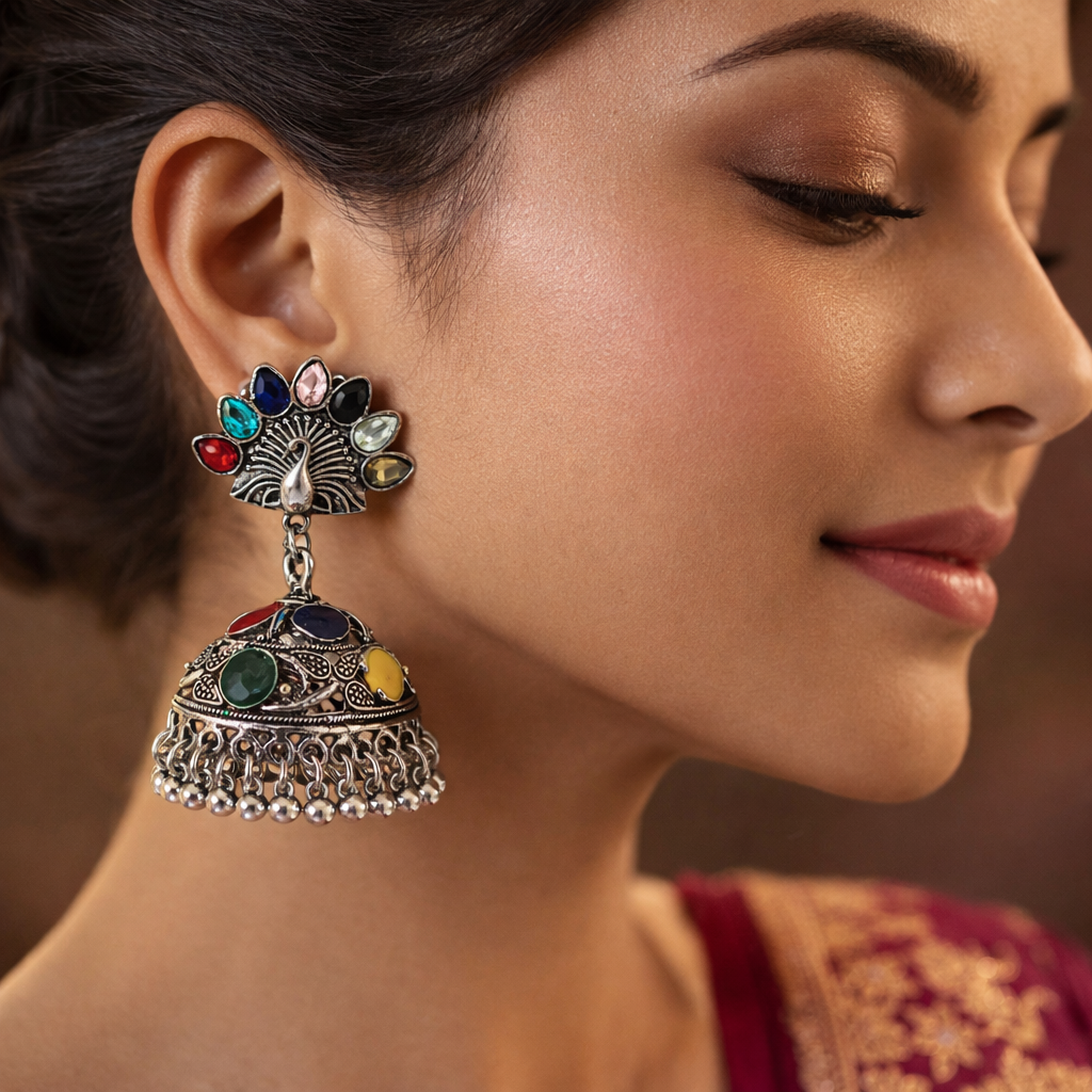 Oxidised Silver Peacock Jhumka Earrings with Multicolour Stones & Ghungroo Drops