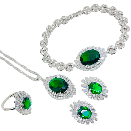 Emerald Green Crystal Jewellery Set – Necklace, Bracelet, Earrings & Ring