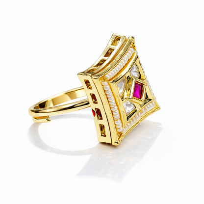 Regal Ruby Square Kundan Ring in Gold-Tone Finish