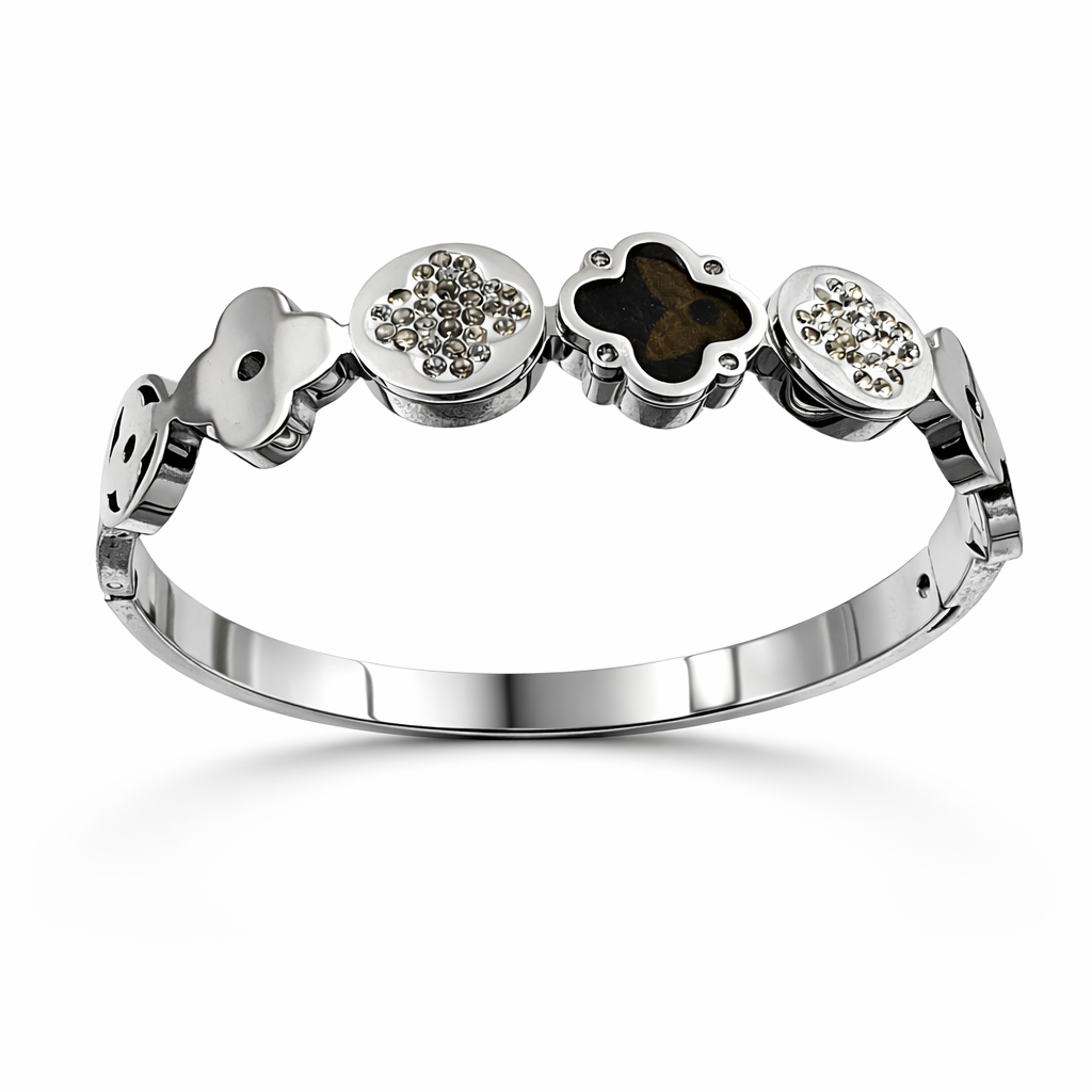 Elegant Clover Charm Bracelet in Silver Finish with Crystal & Enamel Accents