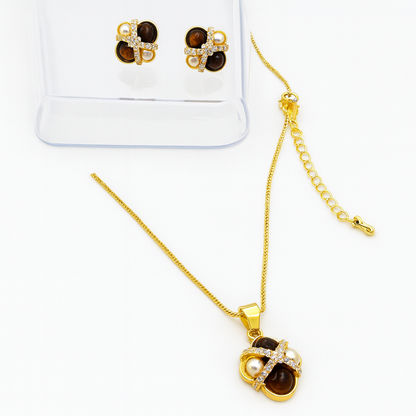 Gold-Plated Tiger Eye & Pearl Pendant Necklace Set with CZ Crisscross Design