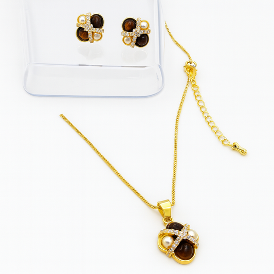 Gold-Plated Tiger Eye & Pearl Pendant Necklace Set with CZ Crisscross Design