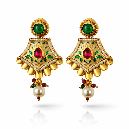 Jinam Meenakari Pearl Kundan imitation necklace set with intricate design and elegant pearl accents on a display.