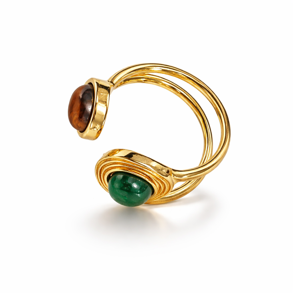 Jinam dual stone open adjustable statement ring featuring two prominent stones on a sleek silver band.