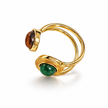 Jinam dual stone open adjustable statement ring featuring two prominent stones on a sleek silver band.