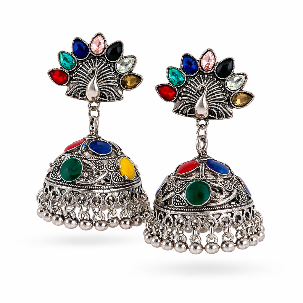 Oxidised Silver Peacock Jhumka Earrings with Multicolour Stones & Ghungroo Drops