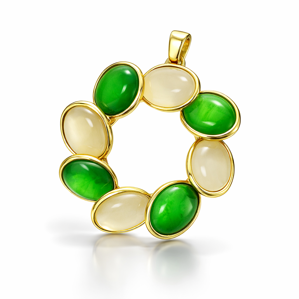 Elegant Dual-Tone Green & Beige Oval Stone Pendant & Earrings