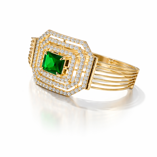 Gold-plated emerald octagon bracelet with intricate design, featuring vibrant green gemstones and elegant metalwork.