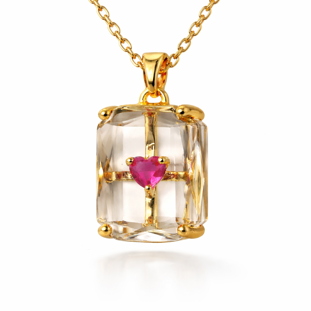 Crystal Cube Chain Pendant with Ruby Heart