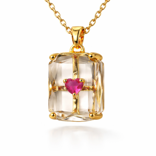 Crystal Cube Chain Pendant with Ruby Heart