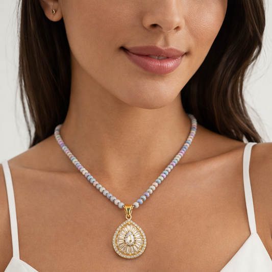 Pastel Beaded Teardrop Crystal Halo Pendant