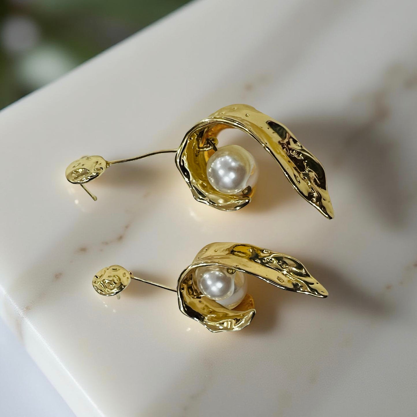 Sculpted Gold-Tone Pearl Drop Earrings