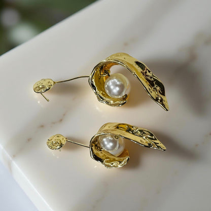 Sculpted Gold-Tone Pearl Drop Earrings