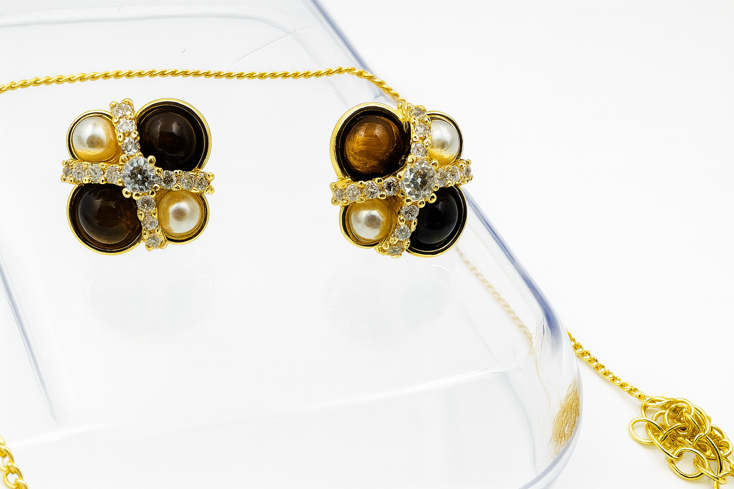 Gold-Plated Tiger Eye & Pearl Pendant Necklace Set with CZ Crisscross Design