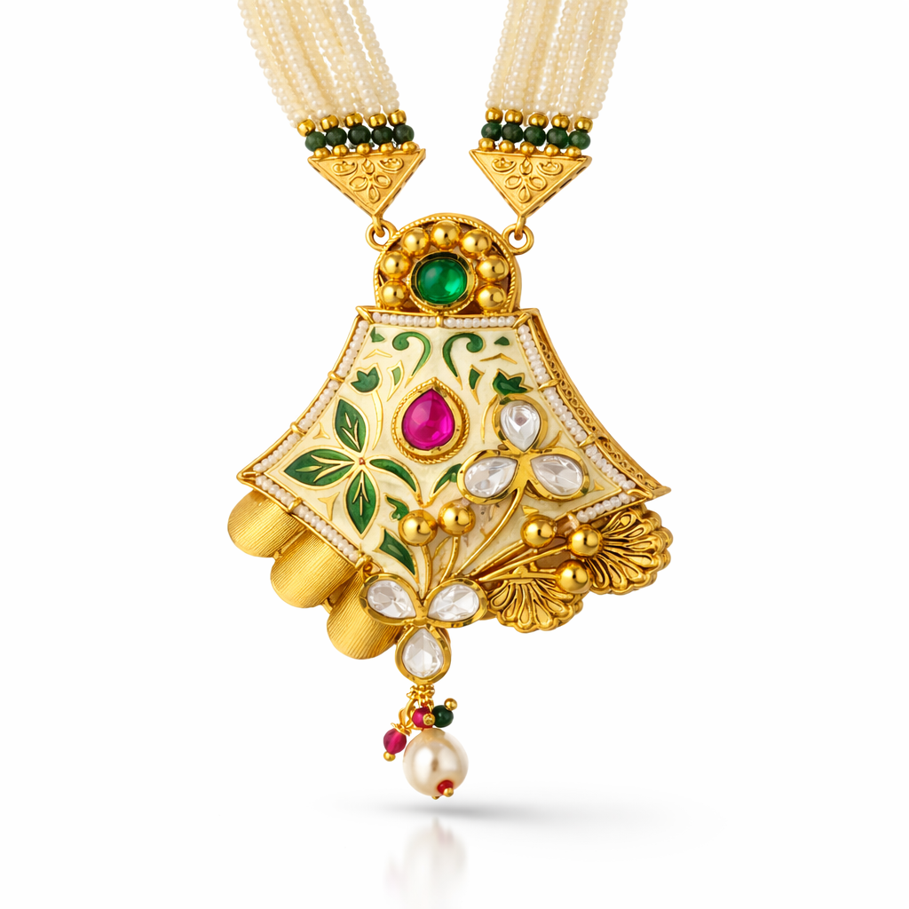 Jinam Meenakari Pearl Kundan imitation necklace set with intricate design and traditional jewelry craftsmanship.