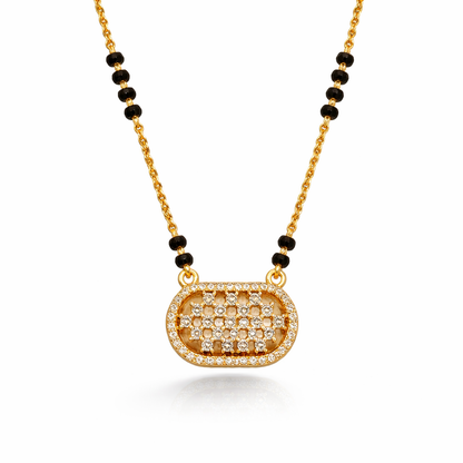 Gold finish lattice oval CZ mangalsutra pendant featuring intricate design from Jinam, showcasing traditional jewelry craftsmanship.
