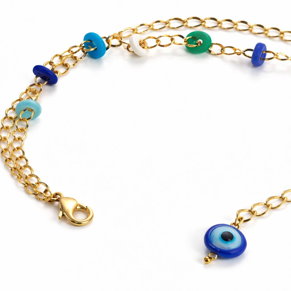 Colorful charm chain bracelet by Jinam featuring vibrant beads and decorative charms on a silver-toned chain.