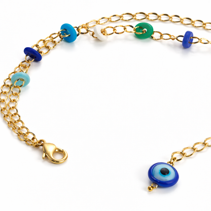 Colorful charm chain bracelet by Jinam featuring vibrant beads and decorative charms on a silver-toned chain.