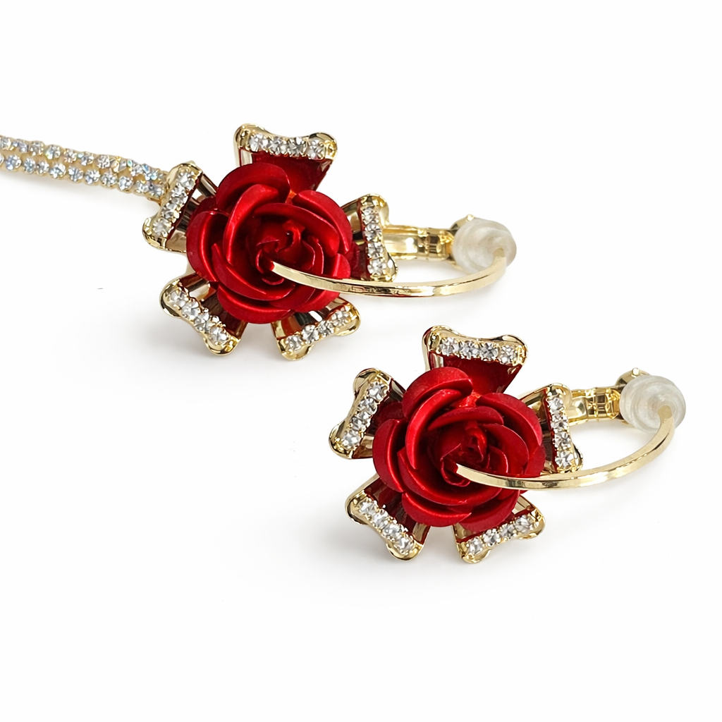 Red rose hoop earrings with crystal tassels by Jinam, featuring floral-inspired design and sparkling dangling accents.