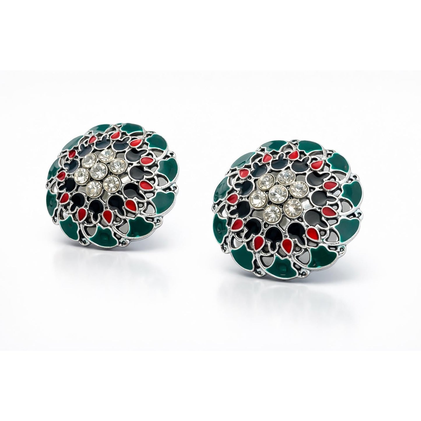 Green Enamel Meenakari Stud Earrings with Rhinestone Centre