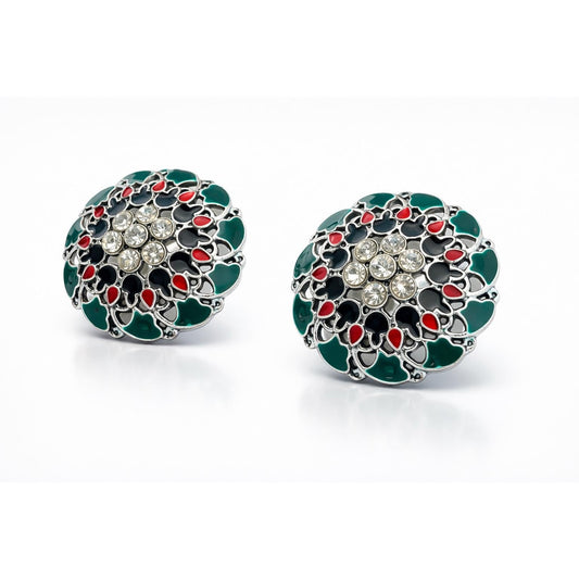 Green Enamel Meenakari Stud Earrings with Rhinestone Centre